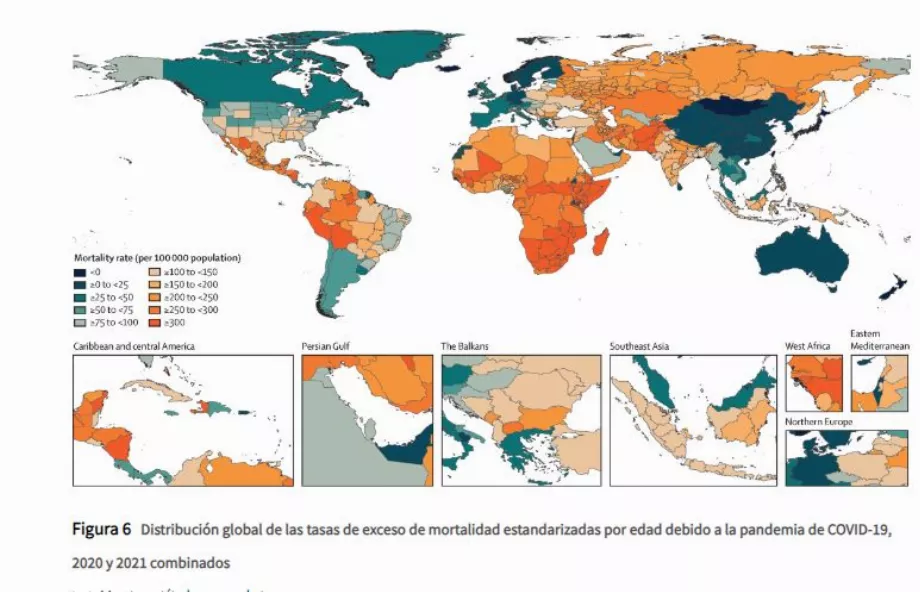 Répartition mondiale des taux de surmortalité standardisés selon l’âge dus à la pandémie de COVID-19, 2020 et 2021 combinés. En tons verts, mortalité plus faible et en tons orange, mortalité plus élevée (The Lancet)